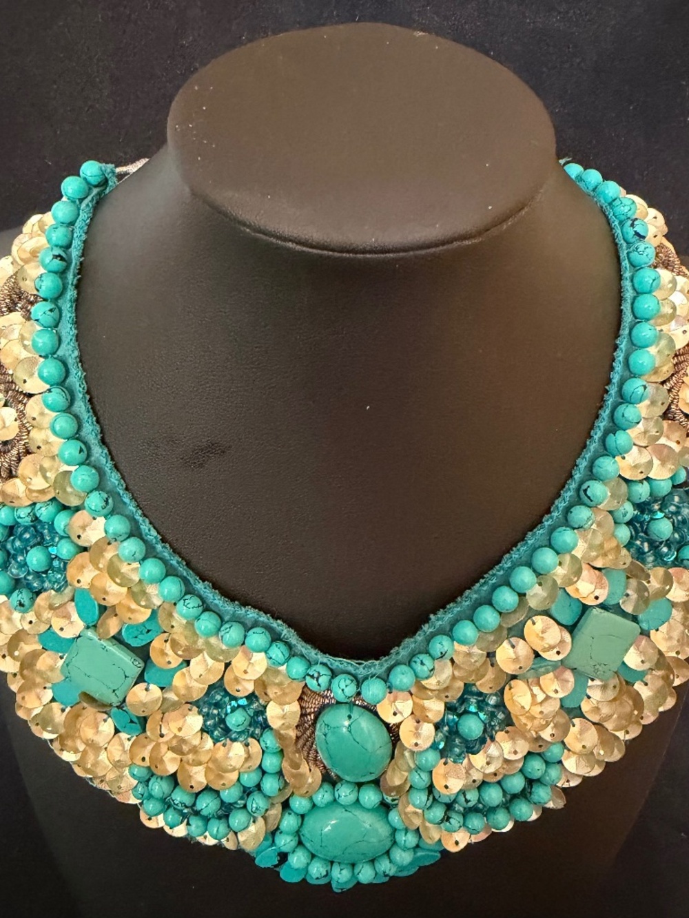 Vintage Turquoise Beaded Embroidered Statement Bib Necklace